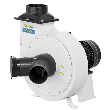 Ventilatore centrifugo Bernardo RV 300 da 2520 m³/h con struttura in acciaio verniciato a polvere, adattatore a Y e staffa per montaggio a parete o soffitto.