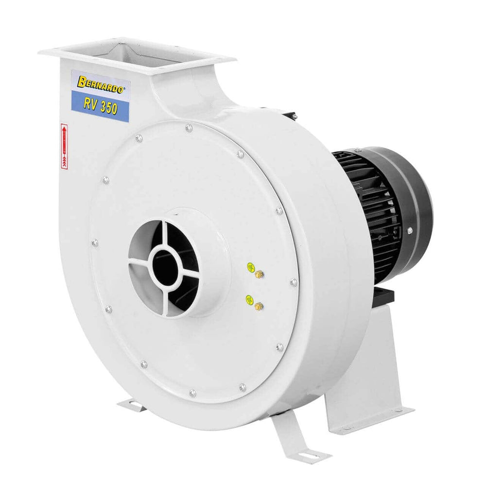 Ventilatore centrifugo Bernardo RV 350 da 3900 m³/h con struttura in acciaio verniciato a polvere, adattatore a 3 connessioni e staffa per montaggio a parete o soffitto.