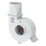 Ventilatore centrifugo Bernardo RV 403 da 5800 m³/h con girante in acciaio bilanciata, verniciatura a polvere e staffa per montaggio a parete o a soffitto.