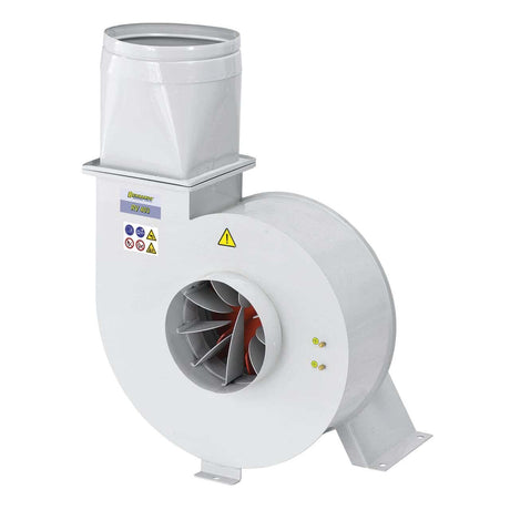 Ventilatore centrifugo Bernardo RV 403 da 5800 m³/h con girante in acciaio bilanciata, verniciatura a polvere e staffa per montaggio a parete o a soffitto.