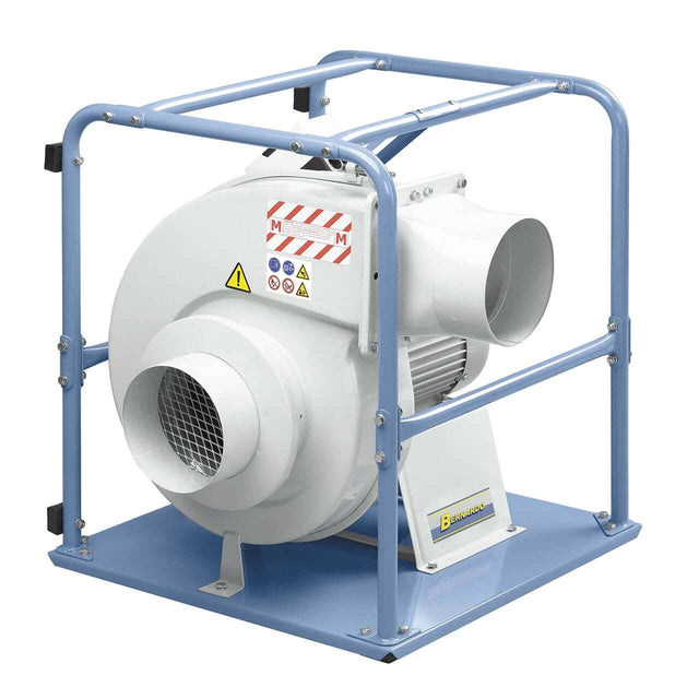 Ventilatore centrifugo Bernardo SF 3000 B 400 V, con girante curva ad alta efficienza e struttura in acciaio verniciato, ideale per aspirazione di trucioli e fumi industriali.