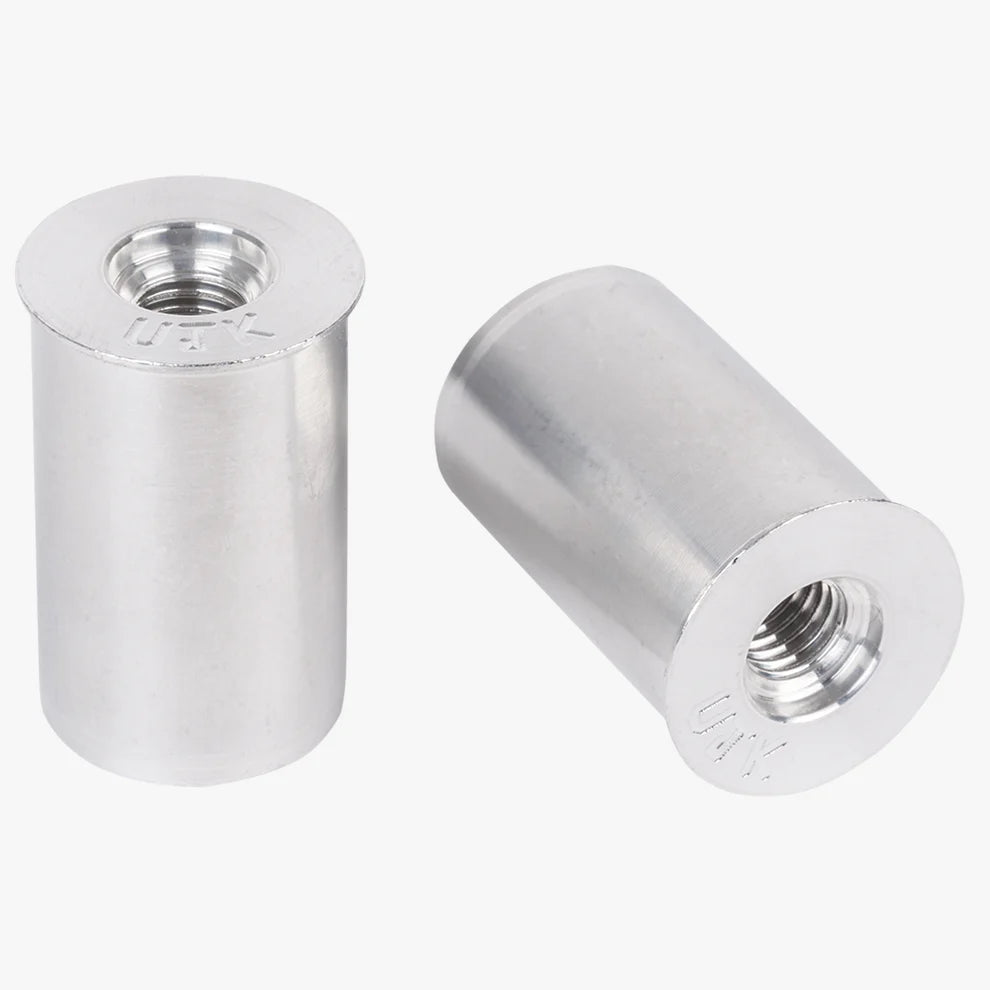 Coppia di cani di ancoraggio lunghi M8 UJK Parf in alluminio lavorato a CNC, diametro 20 mm, altezza 32 mm, con foro filettato passante M8 e collare smussato per inserimento a filo nella superficie del piano multifunzione