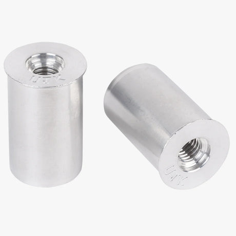 Coppia di cani di ancoraggio lunghi M8 UJK Parf in alluminio lavorato a CNC, diametro 20 mm, altezza 32 mm, con foro filettato passante M8 e collare smussato per inserimento a filo nella superficie del piano multifunzione