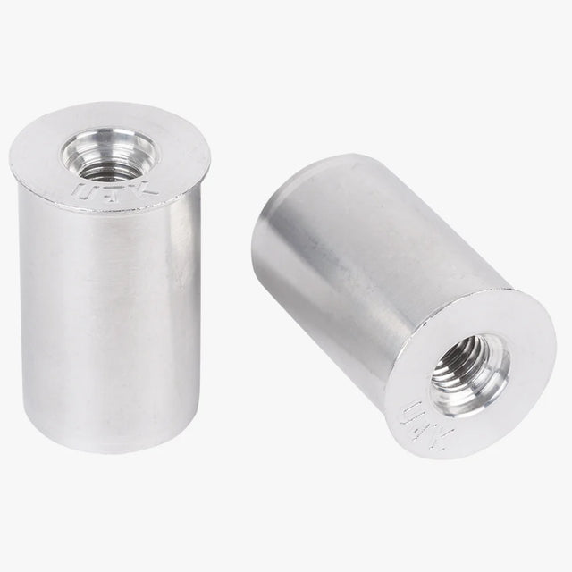 Coppia di cani di ancoraggio lunghi M8 UJK Parf in alluminio lavorato a CNC, diametro 20 mm, altezza 32 mm, con foro filettato passante M8 e collare smussato per inserimento a filo nella superficie del piano multifunzione