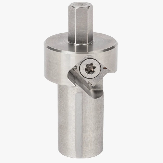 Strumento combinato smusso e alesatura per fori da 20 mm UJK in acciaio inossidabile con attacco esagonale 10 mm, fresa in carburo di tungsteno numerata con vite di fissaggio Torx e fusto cilindrico con taglienti longitudinali per alesatura